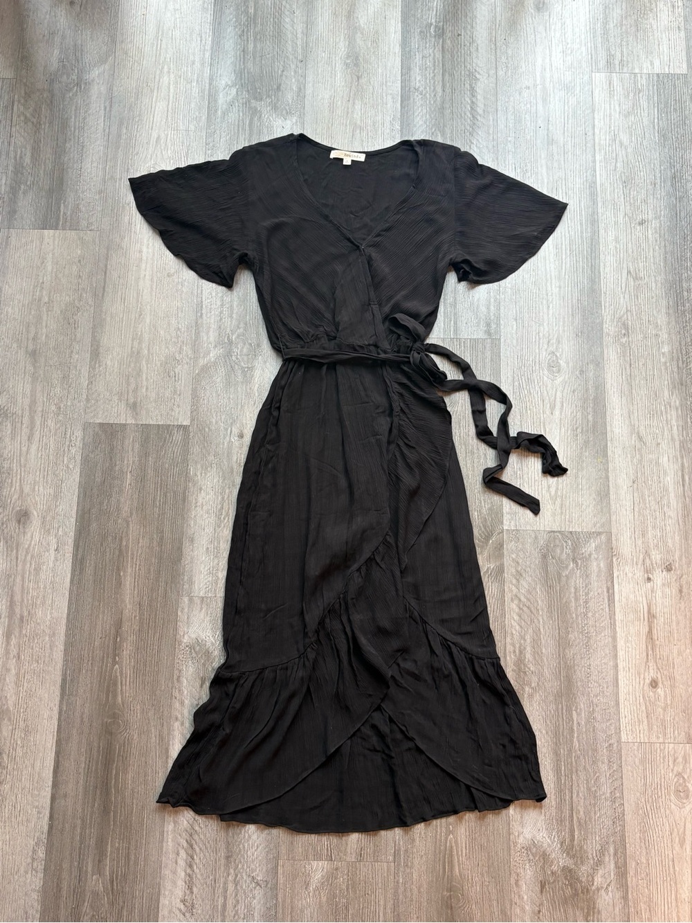 Rewind Black Ruffle Wrap Midi Dress Flutter Sleeve S